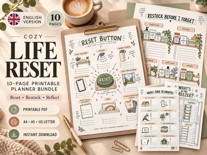 May include: A 10-page printable planner bundle titled Cozy Life Reset, featuring illustrated checklists for daily tasks, restock reminders, and freezer inventory. The pages include hand-drawn icons for cleaning, self-care, and organization.