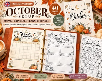 May include: A 40-page printable planner bundle for October featuring Halloween-themed illustrations of pumpkins, ghosts, bats, and spiderwebs. The set includes an October overview calendar, a mood tracker dashboard, and daily planning pages.