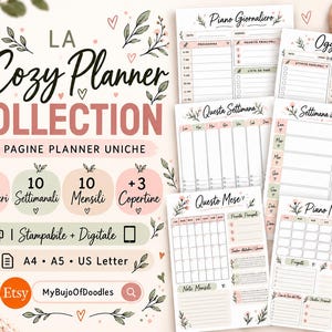 Può includere: Una collezione di planner digitali con 33 pagine uniche che includono layout giornalieri, settimanali e mensili. Il set comprende i formati A4, A5 e US Letter con decorazioni floreali, colori rosa e verde e testi in italiano.