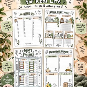 May include: Four printable A4 pages titled Practical Pages for Real Life featuring checklists for tracking orders, restocking household items, freezer inventory, and low energy meal planning with hand-drawn illustrations and text in English.
