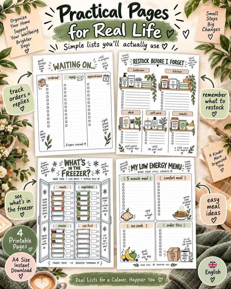 May include: Four printable A4 pages titled Practical Pages for Real Life featuring checklists for tracking orders, restocking household items, freezer inventory, and low energy meal planning with hand-drawn illustrations and text in English.