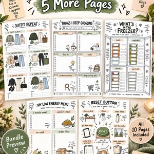May include: A collection of five printable planner pages featuring hand-drawn illustrations and text. The pages include sections titled Outfit Repeat, Things I Keep Googling, What's in the Freezer, My Low Energy Menu, and Reset Button with various checklists.