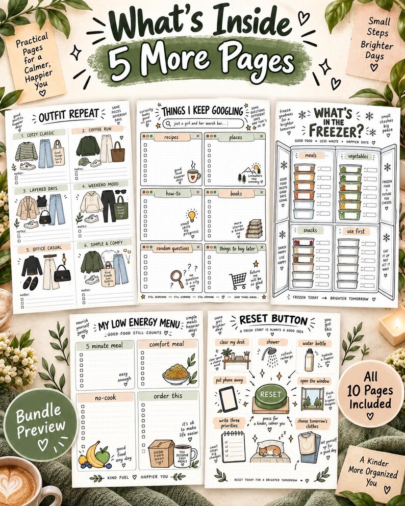 May include: A collection of five printable planner pages featuring hand-drawn illustrations and text. The pages include sections titled Outfit Repeat, Things I Keep Googling, What's in the Freezer, My Low Energy Menu, and Reset Button with various checklists.