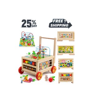 Wooden Activity Cube, 7-in-1 Montessori Toy, Toddler Learning Bead Maze Shape Sorter
