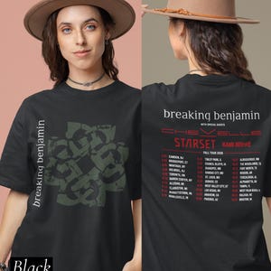 May include: A black t-shirt featuring a green distressed knot graphic and the text breaking benjamin on the front. The back displays the text breaking benjamin, CHEVELLE, STARSET, KAMI KEHAE, and a list of Fall Tour 2025 concert dates and locations.