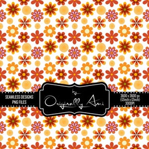 Puede incluir: Un patrón continuo con flores repetidas en naranja, rojo y rosa sobre un fondo blanco. Una etiqueta negra en el centro muestra el texto by Originally Ami, SEAMLESS DESIGNS PNG FILES y 3600 x 3600 px (30,48 cm x 30,48 cm) 300DPI.
