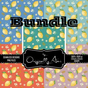 May include: A digital pattern bundle featuring yellow lemons and white daisy flowers on blue, teal, orange, and purple backgrounds. The text Bundle, by Originally Ami, Seamless Designs, PNG Files, and 3600 x 3600 px 12inch x 12inch 300DPI is visible.