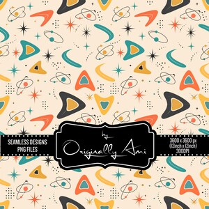 May include: A seamless digital pattern on a cream background featuring mid-century modern motifs including teal, orange, and yellow boomerangs, atomic orbits, and starbursts. A black label displays the text by Originally Ami, 3600 x 3600 px, 12inch x 12inch, 300DPI.