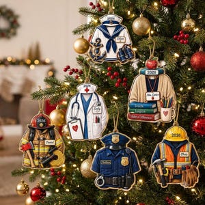 May include: Six flat Christmas tree ornaments shaped like professional uniforms: a sailor suit with anchor, a teacher's cardigan with books, a doctor's coat with stethoscope, a firefighter's gear with axe, a police uniform, and a construction vest.