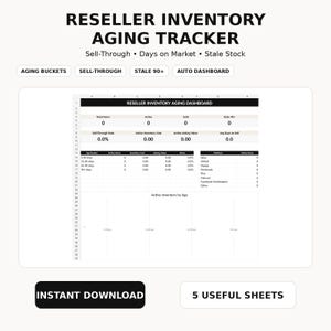 May include: A digital spreadsheet template titled Reseller Inventory Aging Tracker with an inventory aging dashboard, sell-through rate, days on market, and stale stock metrics. Includes buttons for aging buckets, sell-through, stale 90+, and auto dashboard.