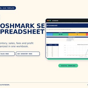 Poshmark Inventory Tracker, Säljarkalkylblad, Försäljnings- och Vinstdashboard, Plattformsavgifter, Frakrabatt, Marginal, ROI, Excel XLSX Nedladdning