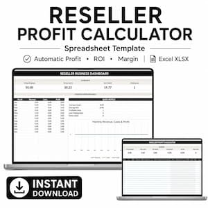 May include: A digital reseller profit calculator spreadsheet template for Excel XLSX. The display shows a reseller business dashboard with monthly performance metrics, revenue, costs, and profit data. Includes an instant download icon.