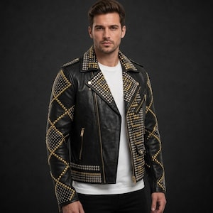 Two-Tone Gold And Silver Studded Leather Jacket, Diamond Pattern, Asymmetrical Zip Closure