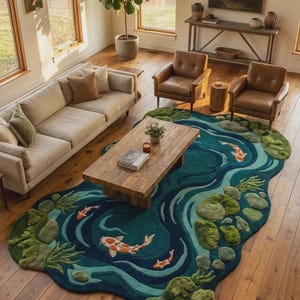koi pond area rug, Japanese koi pond rug, koi fish area rug, koi fish carpet, Japanese garden rug, Japanese garden carpet, Zen rug, Zen home décor, Japandi area rug, Japandi home décor, moss rug, moss koi fish rug, 3D koi rug, sculpted koi rug, carved koi rug, organic shape area rug, irregular area rug, pond shaped rug, river rug, Japanese inspired carpet, nature inspired area rug, biophilic rug, botanical rug, aquatic rug, fish statement rug, artistic area rug, luxury statement rug,