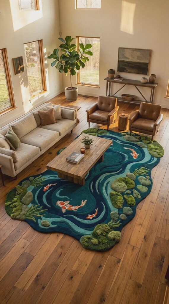 Hand Tufted Koi Pond Rug, Japanese Koi Fish Rug, 3D Moss River Area Rug, Organic Shape