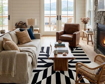 Black White Geometric Rug, Modern Abstract Area Rug, Bold Contemporary Living Room Carpet