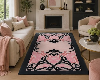 Pink Black Art Deco Rug, Ornamental Area Rug, Vintage Inspired Living Room Carpet