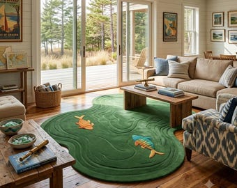 Green Fish Rug, Coastal Fish Area Rug, Ocean Marine Life Rug, Organic Shape Living Room Carpet