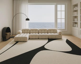 Hand Tufted Black and White Abstract Rug, Modern Area Rug, Minimalist Living Room Rug