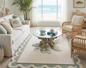Coastal Fish Rug, Ocean Area Rug, Marine Life Carpet, Beach House Living Room Decor