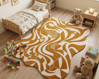 Hand Tufted Mustard 8x10 Wavy Rug, Cream Abstract Area Rug, Modern Organic Shape Wool Rug, Living Room Rug