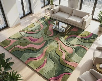 Sage Green Pink Abstract Rug, 8x10 Organic Wave Area Rug, Modern Botanical Living Room Rug.