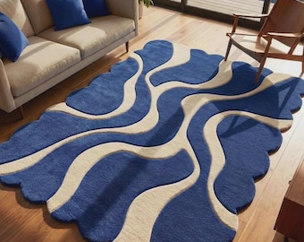 Hand Tufted Blue Abstract Wavy Rug, Organic Area Rug 8x10, Modern Irregular Living Room Rug