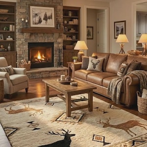 May include: A rectangular area rug featuring a cream-colored base with a repeating pattern of brown and black deer silhouettes, geometric shapes, and zigzag borders. The rug has a thick, textured pile and is positioned in a living room setting.