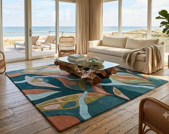 Hand Tufted Teal Abstract Rug, Coastal Modern Area Rug, Organic Geometric Living Room Carpet