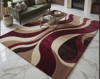 Burgundy Abstract Area Rug 9x12, Modern Hand Tufted Wool Rug, Boho Living Room Decor