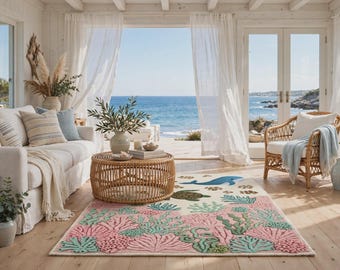Coral Reef Rug, 8x10 Coastal Ocean Area Rug, Sea Life Beach House Living Room Carpet