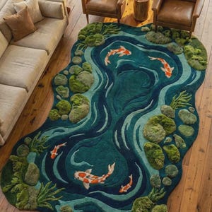 Organic koi pond area rug with multiple orange white koi swimming through layered teal water
Luxury Japanese garden rug featuring koi fish, moss, river stones and deep blue water tones
Biophilic statement rug inspired by a Japanese koi pond with organic edges and natural colors
Teal and green koi fish rug with Japanese pond landscape design for living room décor
Japanese Zen area rug with koi fish and flowing river design surrounded by sculptural moss and stones