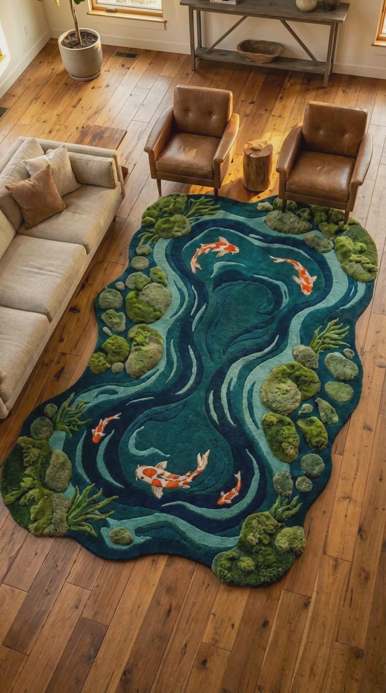 Organic koi pond area rug with multiple orange white koi swimming through layered teal water
Luxury Japanese garden rug featuring koi fish, moss, river stones and deep blue water tones
Biophilic statement rug inspired by a Japanese koi pond with organic edges and natural colors
Teal and green koi fish rug with Japanese pond landscape design for living room décor
Japanese Zen area rug with koi fish and flowing river design surrounded by sculptural moss and stones