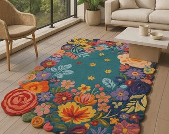 Floral Garden Area Rug, Hand Tufted Wool Rug,  Colorful Flower Rug, Handmade Living Room Rug