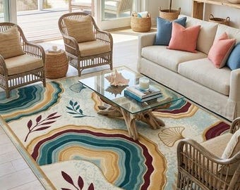 Teal Burgundy Geode Abstract Rug 8x10 Botanical Wave Modern Coastal Living Room Carpet