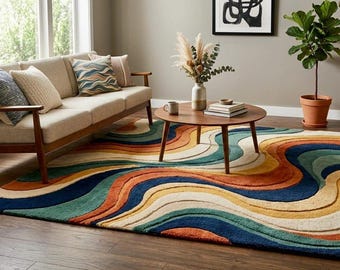 Hand Tufted Abstract Wool Rug, Modern Colorful Area Rug, Handmade Wavy Living Room Rug 8x10