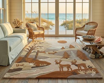 Hand Tufted Deer Woodland Rug, 8x10 Rustic Cabin Area Rug, Mountain Lodge Wildlife Living Room Carpet