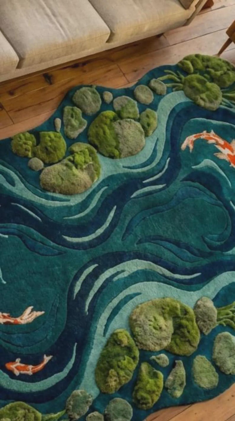 koi pond rug
koi fish rug
japanese koi rug
3d koi fish rug
moss koi rug
japanese garden rug
zen area rug
organic shape rug
pond area rug
japandi rug
nature inspired rug
fish area rug
statement area rug