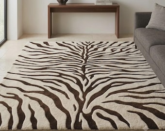 Black Cream Zebra Rug, Modern Abstract Animal Print Area Rug, Statement Living Room Rug.