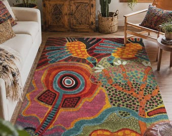 Alfombra de arte aborigen australiano - Alfombra de lana hecha a mano - Alfombra colorida de estilo bohemio para sala de estar