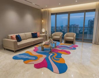 Colorful Abstract 8x10 Organic Shape Area Carpet, Modern Wavy Irregular Living Room Decor.