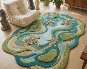 Sea Turtle Rug, Coastal Ocean Nursery Area Rug, Organic Marine Life Kids Room Carpet