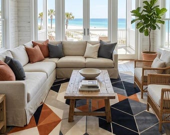 Orange Black Geometric Rug, 8x10 Modern Abstract Area Rug, Mid Century Living Room Carpet