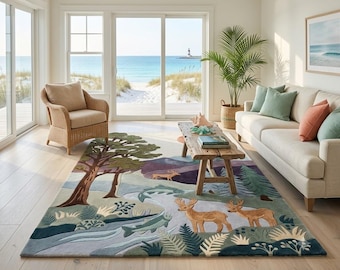 Hand Tufted Deer Woodland Rug 9x12 Rustic Cabin Wildlife Forest Landscape Living Room Carpet