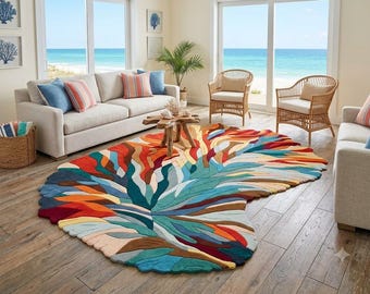 Colorful Abstract Rug, 8x10 Organic Shape Area Rug, Modern Botanical Statement Living Room Rug.