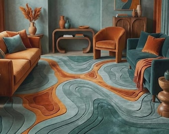 Hand tufted  Wavy Abstract Wool Rug .9x12- Terracotta and Green Organic Area Rug - Mid Century Modern Carpet