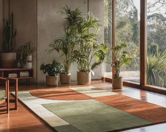 Hand Tufted Wool Area Rug, Modern Green Brown Color Block Design