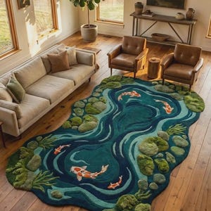 Dark teal koi fish area rug with orange white fish and organic irregular pond-shaped edges
Zen koi pond rug with flowing water patterns, green moss and natural stone-inspired details
Artistic Japanese koi carpet creating a peaceful pond landscape beneath modern living room furniture
Sculptural koi fish rug with high and low textured pond details and moss-inspired green elements
