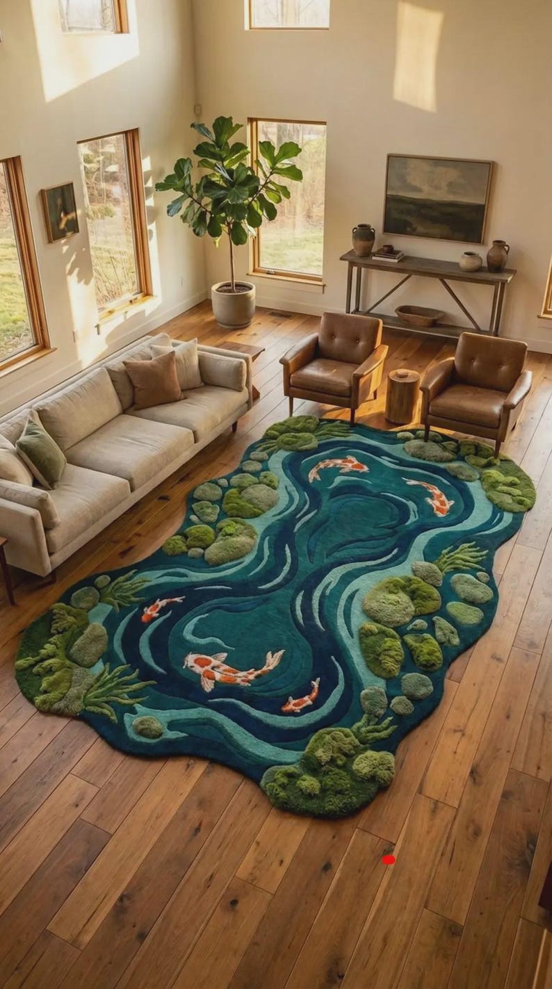 Dark teal koi fish area rug with orange white fish and organic irregular pond-shaped edges
Zen koi pond rug with flowing water patterns, green moss and natural stone-inspired details
Artistic Japanese koi carpet creating a peaceful pond landscape beneath modern living room furniture
Sculptural koi fish rug with high and low textured pond details and moss-inspired green elements