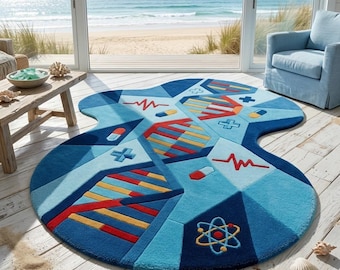 Blue Abstract Geometric Rug, Coastal Organic Shape Area Rug, Modern Statement Living Room Rug.